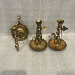 3 Vintage Aged Brass Gimbal Swivel Nautical Ships Chamberstick Candle Holder